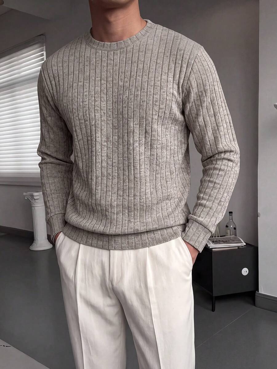 Men's Vintage Vertical Rib Knit Crew Neck Drop Shoulder Long Sleeve Pullover Sweater, Minimalist Casual Daily Commute - Khaki - View 1