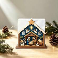Christmas Nativity Scene Wooden Napkin Holder, Holy Family Angel And Farm Animal Pattern Paper Towel Holder, Winter Holiday Kitchen Table Decor, Christmas Tabletop Napkin Organizer (Paper Towels Not Included) - Multicolor - View 3