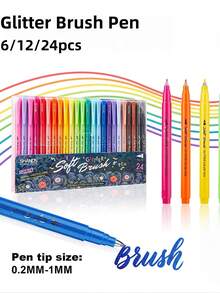 6/12/24pcs Glitter Soft Brush Pen, Colorful Calligraphy Soft Tip Highlighter, Shimmer Ink With Glitter, For Kids, Card Making, Doodling, Journaling - Multicolor - View 2