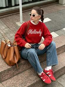 Women's Jacquard Round Neck Letter Pattern Sweater, Suitable For Autumn/Winter Casual Street Style And Holiday Wear, Red Loose Knit Cardigan - Red - View 4