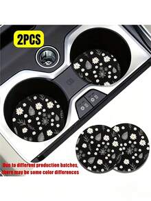 2pcs Daisy Leaf Pattern Absorbent Car Cup Coasters - Women's Car Interior Accessories, Suitable For Car And Home Desktop Cup Coasters - Black and White - View 2