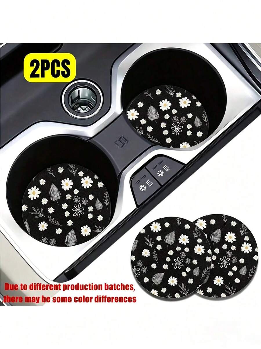 2pcs Daisy Leaf Pattern Absorbent Car Cup Coasters - Women's Car Interior Accessories, Suitable For Car And Home Desktop Cup Coasters