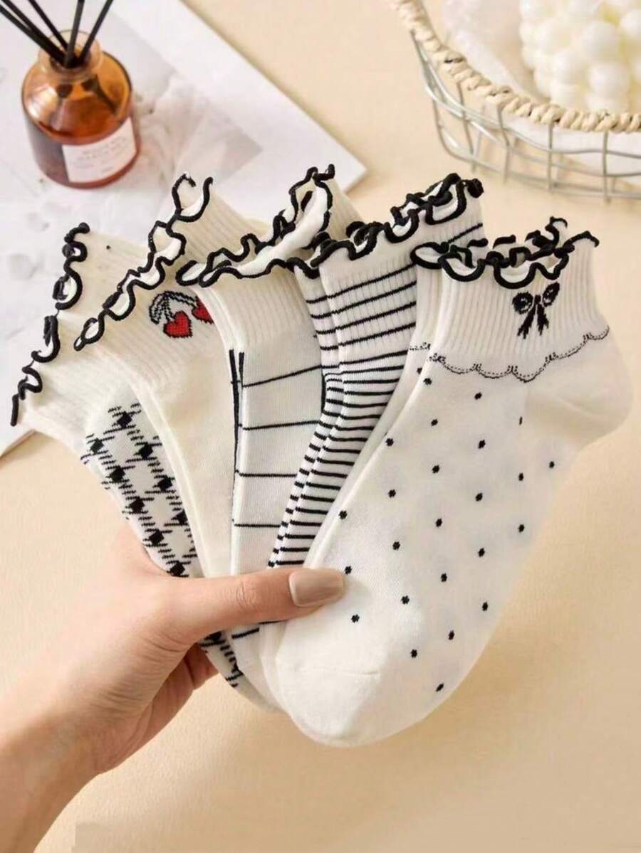 5/1 Pair Women's Ruffle Short Socks, Patterns Include: Cherry, Bow ...