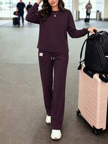 Women's Casual Loose Brown 2 Pieces Set, Round Neck Top With Wide Leg Pants, Autumn Daily Outfit Choice - Khaki - View 4