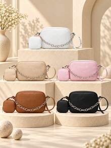 1pc Women's Minimalist Rhombus Embossed Mother-Daughter Bag Set, Soft Leather Camera Bag With Detachable Small Wallet, Daily Crossbody Bag - M1992 - View 1