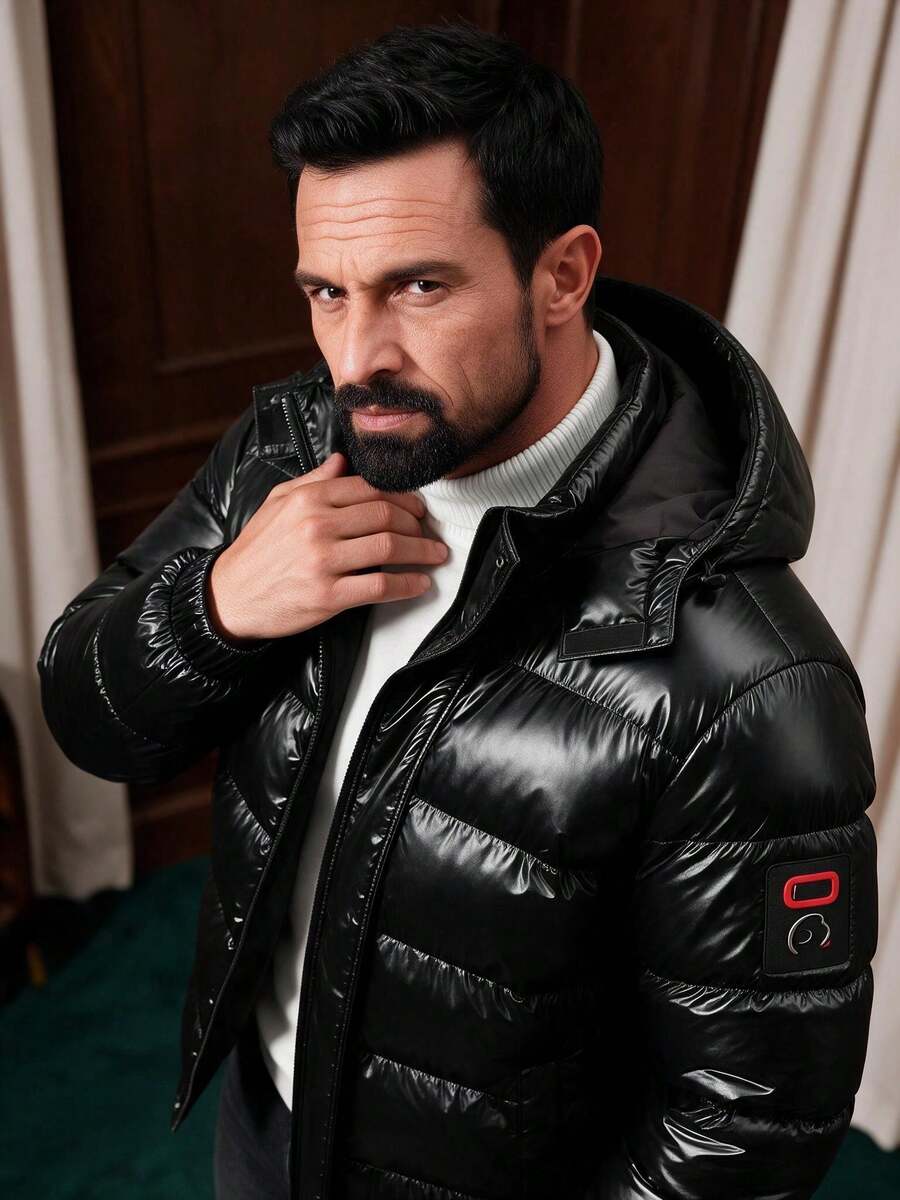 Men's Winter Shiny Detachable Hood Long Sleeve Warm Padded Coat - Black - View 1