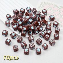 10pcs 15mm Autumn/Winter Brown Square Acrylic Beads With Blue Printed Pattern, DIY Jewelry Making Materials For Bracelets, Necklaces, Keychains, Bag Charms - Brown - View 13