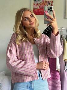 Women's Autumn/Winter New Fashion Elegant Gentle French Style Pink Mixed Color Tweed Round Neck Cardigan H-Line Loose Boxy Short Long Sleeve Jacket - Baby Pink - View 5