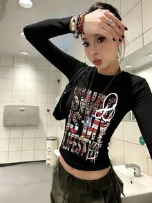 New Black Short Long Sleeve T-Shirt Women Y2K Generation Design English Print Spring Autumn Korean Style Round Neck Versatile Casual Slim Fit Top - Black - View 4