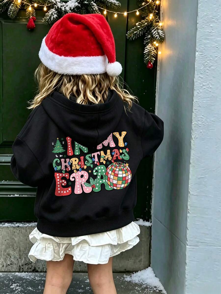 女童連帽衛衣，「In My Christmas Era」聖誕印花套頭衫，秋冬款 - 黑色 - 查看 1
