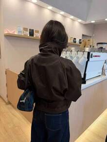 女款棕色編織翻領風衣，雙排扣落肩長袖，秋季穿搭必備 - 咖啡棕 - 查看 7