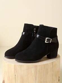 Women's Pointed Toe Fashion Ankle Boots, Comfortable Sole, Side Zipper & Buckle Design, Autumn/Winter Essential Low Heel Western Cowboy Boots, High Heel Boots - Black - View 1