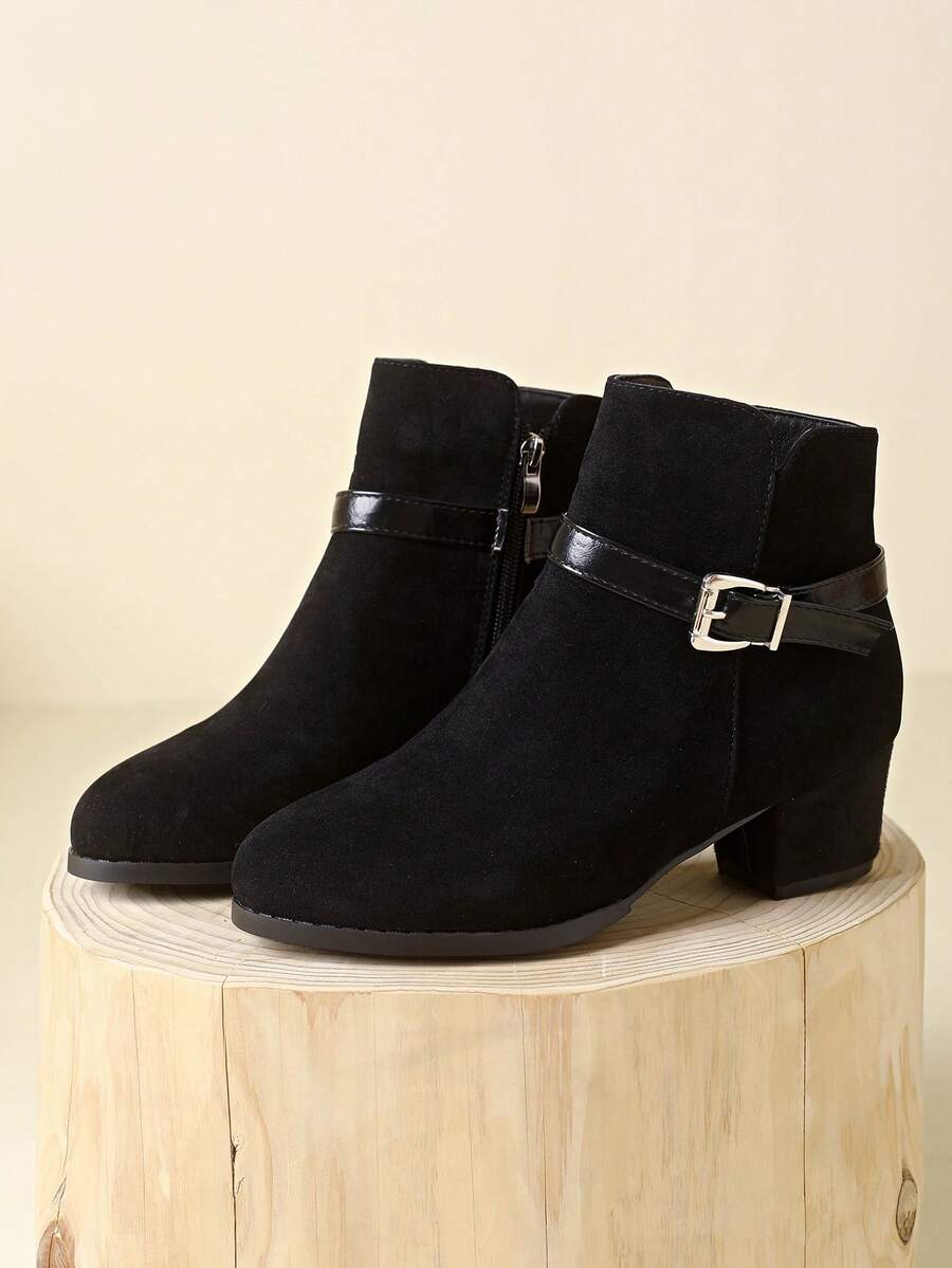 Women's Pointed Toe Fashion Ankle Boots, Comfortable Sole, Side Zipper & Buckle Design, Autumn/Winter Essential Low Heel Western Cowboy Boots, High Heel Boots - Black - View 1