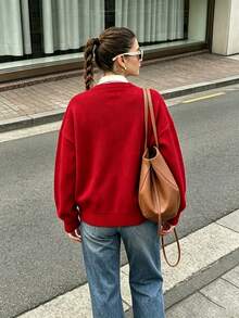 Women's Jacquard Round Neck Letter Pattern Sweater, Suitable For Autumn/Winter Casual Street Style And Holiday Wear, Red Loose Knit Cardigan - Red - View 5