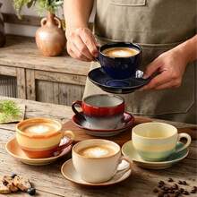 Classic Ceramic 2-Piece Coffee Cup And Saucer Set, Vintage Color Series, Suitable For Home Or Cafe, Dishwasher, Microwave, Oven, Refrigerator - Multicolor - View 8