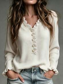 Women's Autumn And Winter Fashion Solid Color Elegant Comfortable Long Sleeve Mushroom Button V-Neck Sweater Women's Winter Clothing - White - View 2