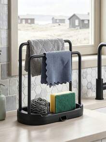 1pc Kitchen Sink Cloth Drying Rack, Can Dry Towels, Store Sponges And Steel Wool, Suitable For Kitchen Countertop And Sink Area, Freestanding Double Bar Plastic Stand, Ideal Housewarming Gift - Multicolor - View 2