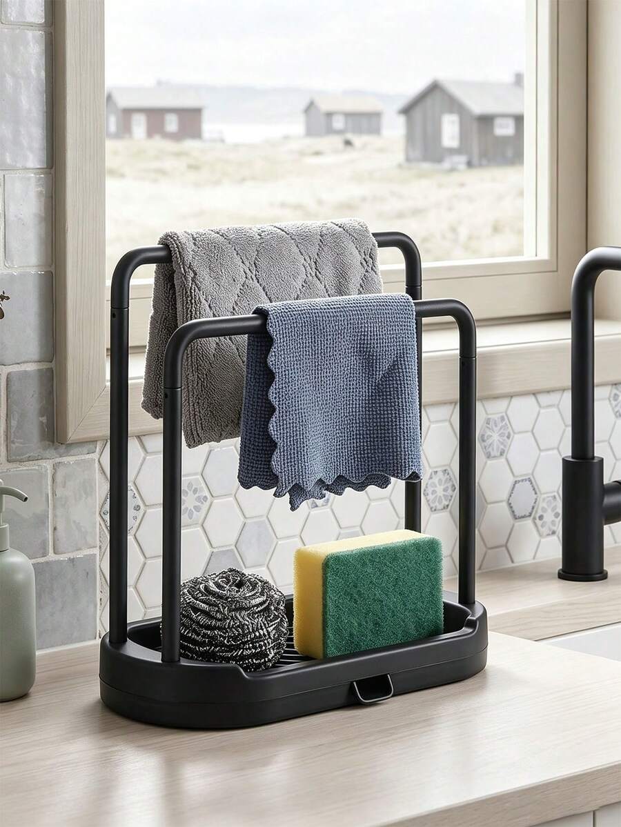 1pc Kitchen Sink Cloth Drying Rack, Can Dry Towels, Store Sponges And Steel Wool, Suitable For Kitchen Countertop And Sink Area, Freestanding Double Bar Plastic Stand, Ideal Housewarming Gift
