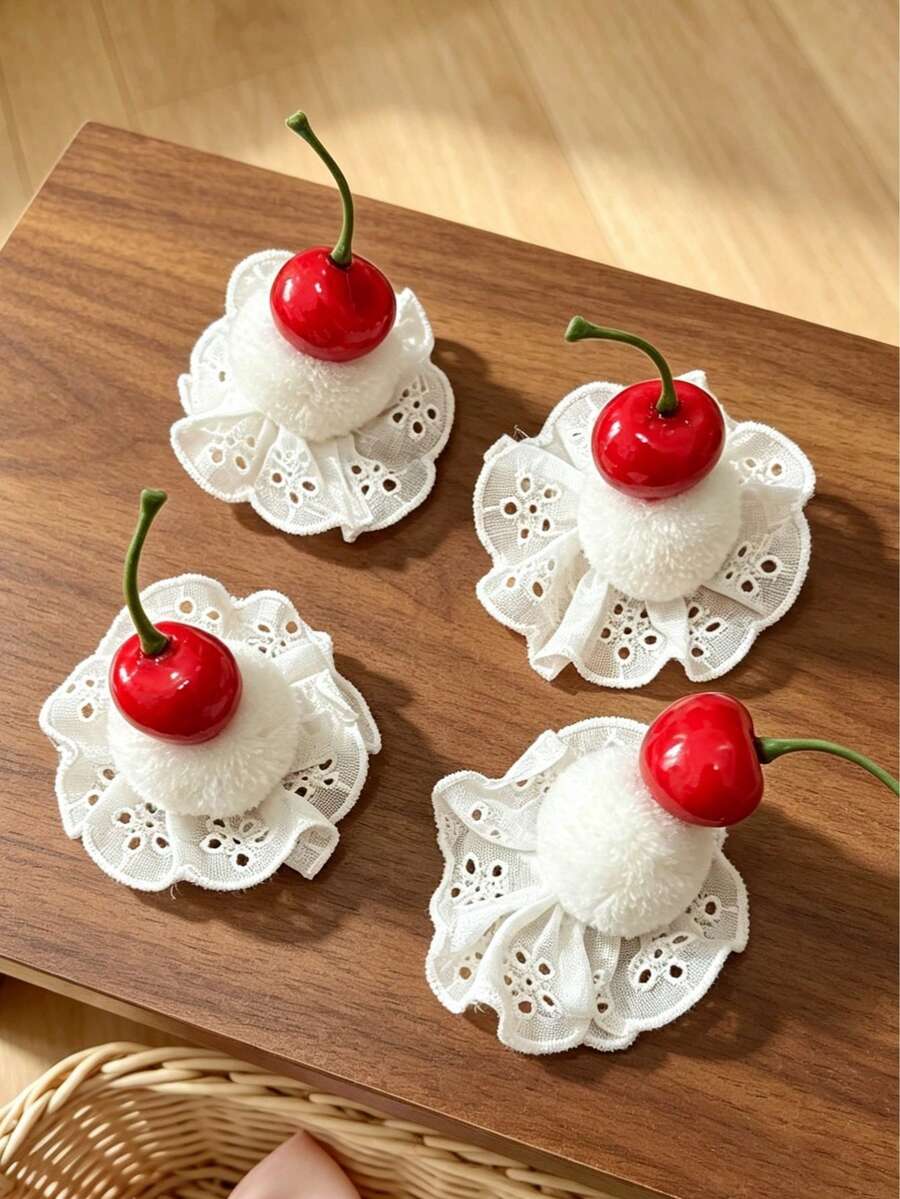 2 chiếc kẹp tóc ren hình bánh anh đào dễ thương và quả bông lông mềm mại, phụ kiện kẹp tóc bên hông dành cho tuổi teen.
