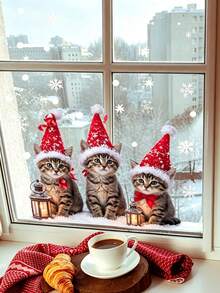 Cute Christmas Hat Kitten Glass Sticker, Electrostatic Adsorption Window Decal, Reusable Decorative Sticker With Snowflake And Lantern Pattern, Suitable For Home, Pet Store, Cafe, Indoor Christmas Winter Holiday Window Decoration - Multicolor - View 3