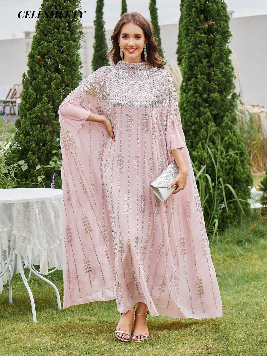 Elegant Chiffon Arabic Abaya, Embellished With Gold Bead Embroidery, Batwing Sleeve Design, Stand Collar, Non-Stretch Pink Fall