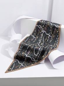 1pc New Vintage Equestrian Style Black With Gold Chain Rein Pleated Silk Scarf, Satin Pointed Triangle Bandana, Commuter Outfit Bag Accessory Small Scarf - Multicolor - View 9