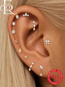 EleRunis 1pc 925 Sterling Silver Exquisite Marquise Flat Back Cartilage Earring, Suitable For Ear Piercing, Ear Cartilage, Ear Helix, Threaded Dangle Nose Stud, Delicate Jewelry, Suitable For Daily Wear And Party - Gold - View 2