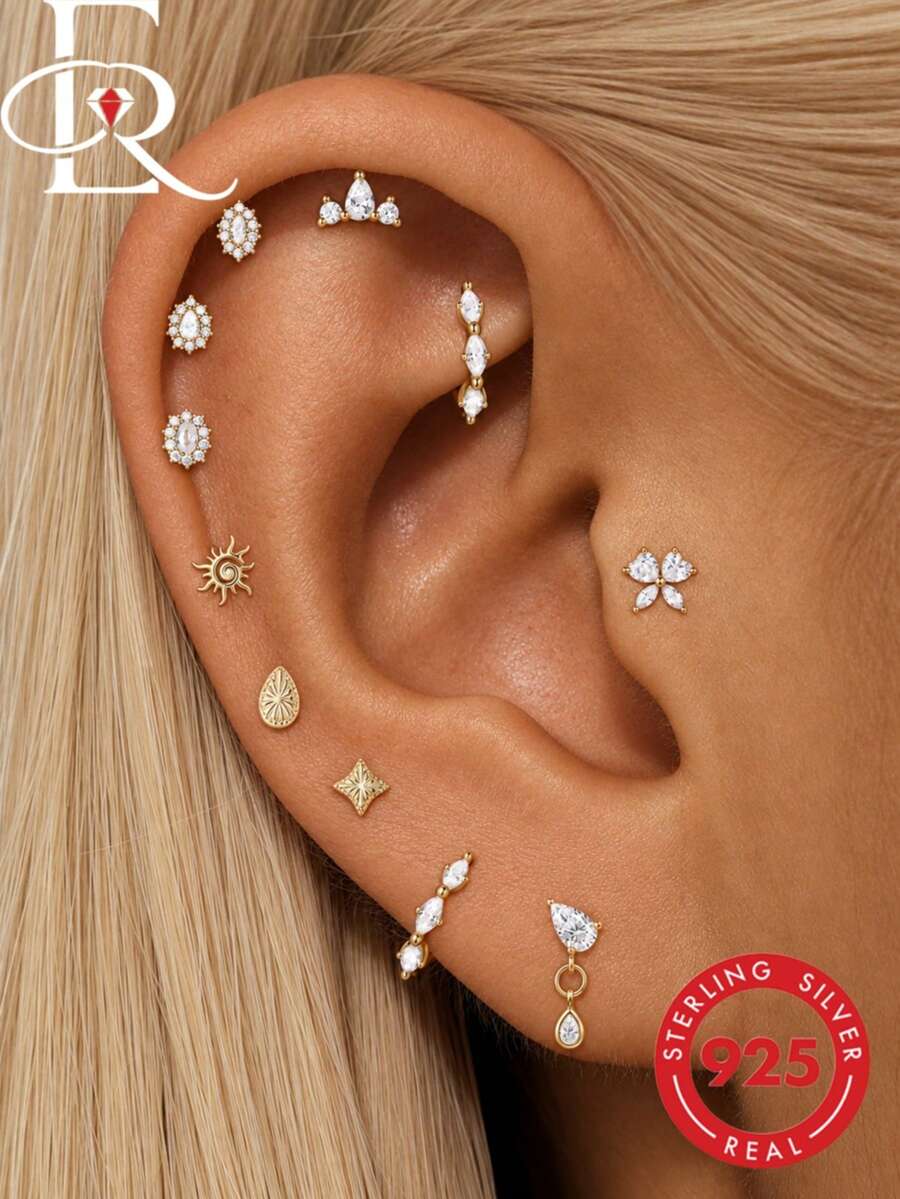 EleRunis 1pc 925 Sterling Silver Exquisite Marquise Flat Back Cartilage Earring, Suitable For Ear Piercing, Ear Cartilage, Ear Helix, Threaded Dangle Nose Stud, Delicate Jewelry, Suitable For Daily Wear And Party