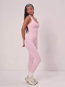 PinkTip Women's Halter Neck Colorblock Yoga Set, High Waist Tight Leggings & Sports Tank Top 2 Pieces Set - Pink - View 5