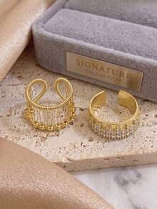 2Pcs Boho Hollow Tassel Bead & Double Row Pave CZ Ring Set, 18K Gold Plated Adjustable Open Stackable Rings For Women Vacation Beach Jewelry Gift - Multicolor - View 3