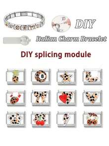 1Or2 Pcs Leopard Print Enamel Italian Charm Links,9mm Stainless Steel Modular Bracelet Charms,Multi Pattern DIY Jewelry Beads For Women Bracelet Gift - Multicolor - View 1