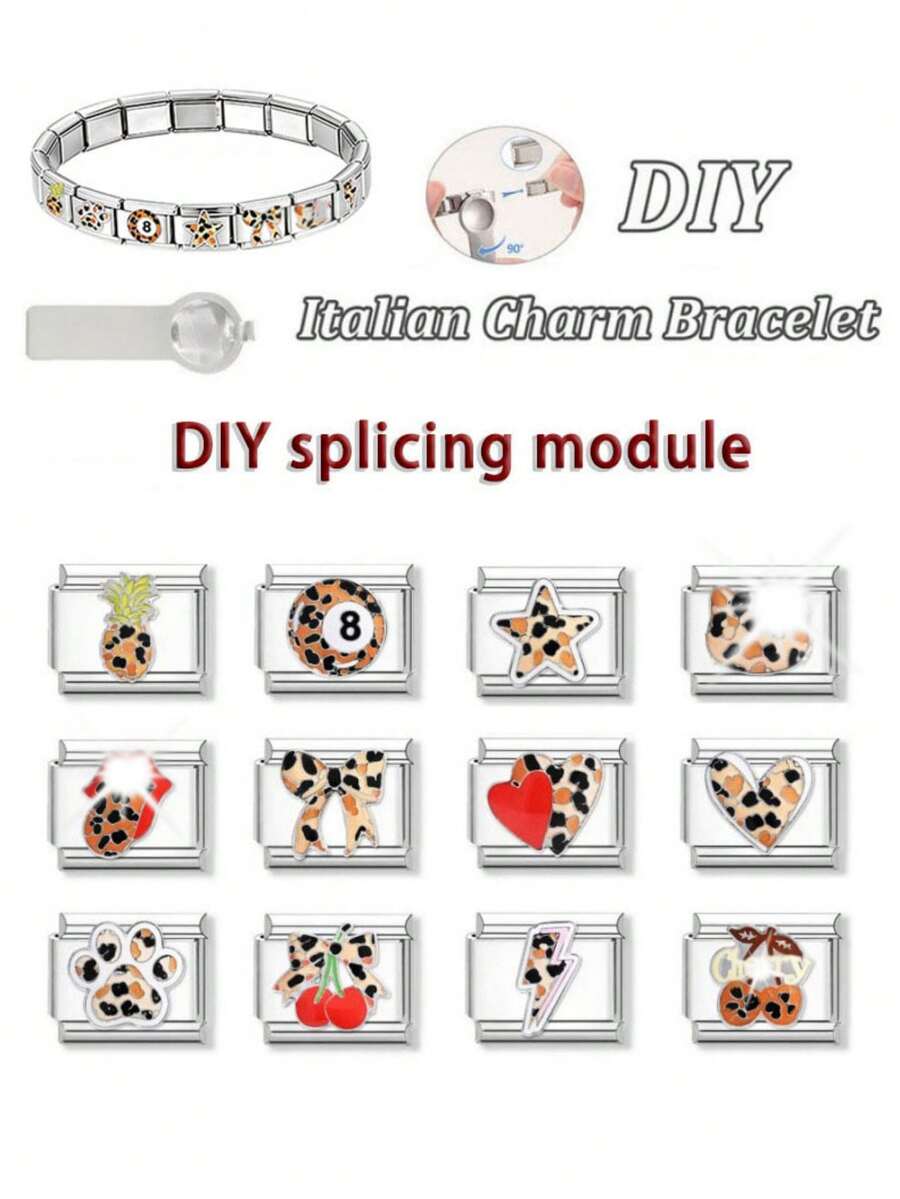 1Or2 Pcs Leopard Print Enamel Italian Charm Links,9mm Stainless Steel Modular Bracelet Charms,Multi Pattern DIY Jewelry Beads For Women Bracelet Gift - Multicolor - View 1