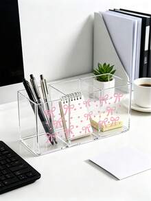 Organizer Meja & Rias Akrilik Plastik Pita Merah Muda dengan Kotak Penyimpanan 3 Kompartemen - Tempat Kuas Makeup Lucu, Rak Hemat Ruang Ringkas Cocok untuk Kamar Mandi, Kantor, Meja Rias - Mudah Dirakit, Organizer Parfum - MultiWarna - View 8