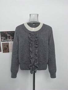 Suéter de punto de cable con cuello redondo y diseño de solapa 2 en 1 estilo coreano para mujer, nueva llegada otoño/invierno 2025 - Gris Oscuro - Ver 6