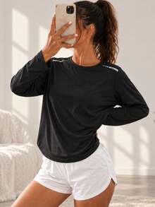 AODSR Women's Black Textured Knit Crew Neck Long Sleeve Slim Fit Athletic Top With Shoulder Stripe Detail For Casual Wear - Black - View 2