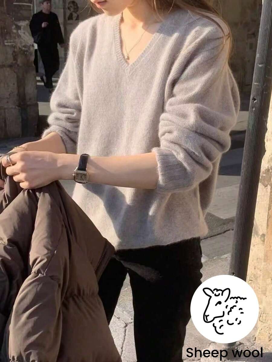 Sweater Rajut Lengan Panjang Leher V Wanita, Pullover Nyaman Warna Aprikot dengan Potongan Reguler, Cocok untuk Musim Gugur/Dingin - Aprikot - View 1