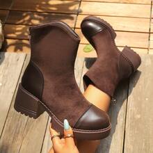 Autumn/Winter New Solid Color Patchwork Round Toe Back Zipper Fashion Edgy Single Boot Chunky Heel Thick Sole Casual Commuter Women's Boots - Brown - View 6