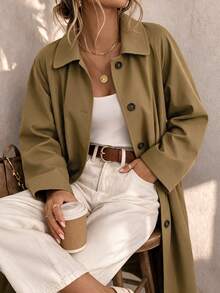 Minimalist Twill Straight Wool Coat Women Pocket Midi Work Travel Fall Winter Fashion - Brown - View 3