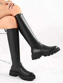 Women's V-Cut Chunky Heel Thick Sole Elastic Mid-Calf Boots - Black - View 6