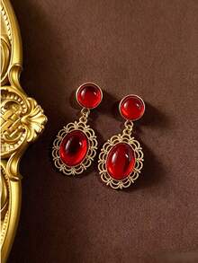 1pc Fashion Vintage Geometric Round And Oval Hollow Carved Emerald Green And Red Rhinestone Earrings, Suitable For Evening Party And Daily Wear - Oval Earrings - View 4
