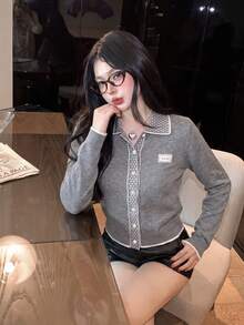 Korean Style Sweet Cute Polka Dot Jacquard Patchwork V-Neck Lapel Grey Knit Cardigan Women Autumn/Winter New Design Stylish Knitwear - Grey - View 3