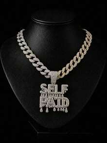 Hip Hop Style SELF PAID Drip Letter Full Rhinestone Pendant With Iced Out Cuban Chain Necklace, Rap Performance Outfit, Music Festival Party Wear, Niche Personalized Jewelry For Men And Women - SELF PAID - View 8