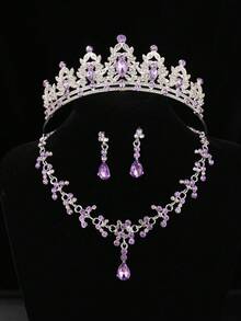 4pcs Elegant Rhinestone Queen Crown Necklace Set, Bridal Wedding Headpiece, Banquet Party Baroque Style Jewelry - Mauve Purple - View 5