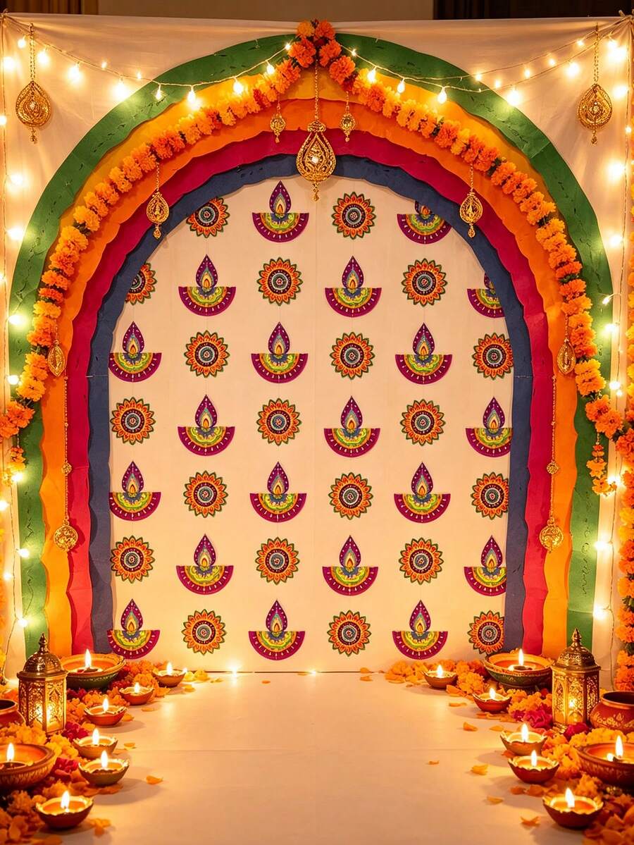 6pcs/1pc Diwali Hanging Garland Hollow String Bunting Home Wall And Porch Background Props Diwali Festival Scene Atmosphere Decoration Party Backdrop Home Decor - Multicolor - View 1