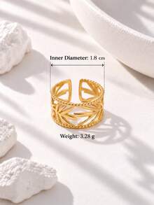 European & American Vintage French Bohemian Style Hollow Leaf Wide Open Ring, Niche Design High-End Index Finger Ring, Vacation Accessory For Women - Gold - View 5