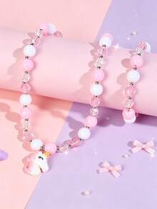2pcs/Set Cute Cartoon Unicorn Beaded Children's Jewelry Necklace & Bracelet, Suitable For Girls' Daily Wear, Party Accessories, Gift - Multicolor - View 1