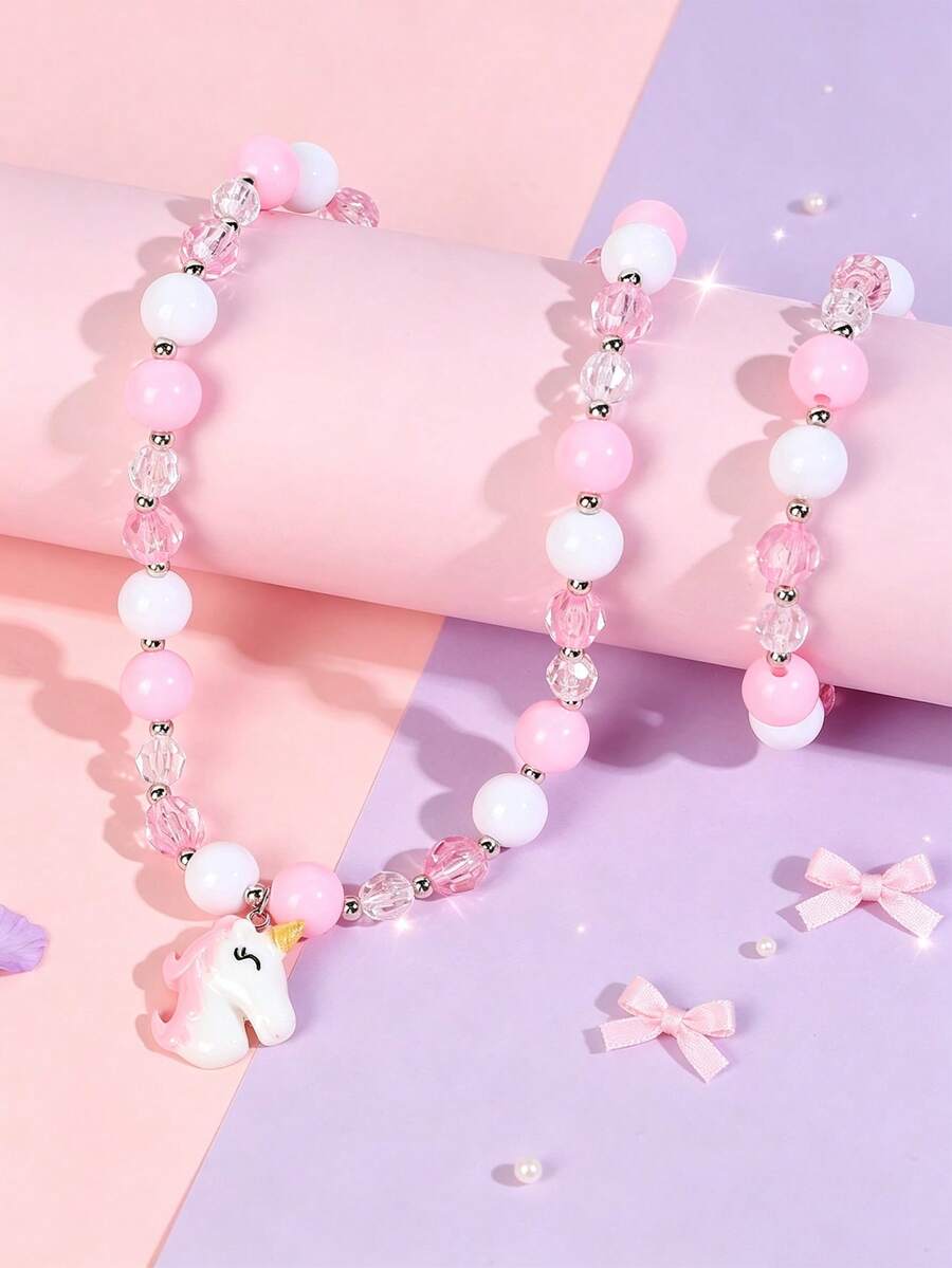 2pcs/Set Cute Cartoon Unicorn Beaded Children's Jewelry Necklace & Bracelet, Suitable For Girls' Daily Wear, Party Accessories, Gift - Multicolor - View 1