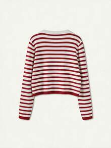 女款新款復古酒紅與白色細條紋針織毛衣，適合秋冬日常通勤、校園或假期聚會，可單穿搭配黑色高腰直筒褲與踝靴，或層疊穿在駝色大衣內，展現濃郁復古假期氛圍與知性優雅學院風 - 紅白色 - 查看 8