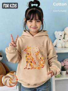 Autumn Winter Girls Fleece Hoodie With Orange And Yellow Leaf Fox Print, White Long Sleeve Ribbed Cuffs Y2K - Apricot - View 2