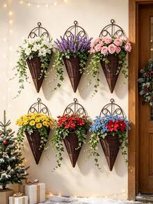 6pcs/4pcs Creative Simulation Fan Hanging Vase Flower Basket Triangle Wall Art Rattan Woven Wall Hanging Flower Device Indoor Decoration Hanging Basket Flower Pot Holder - Flower Basket - View 6